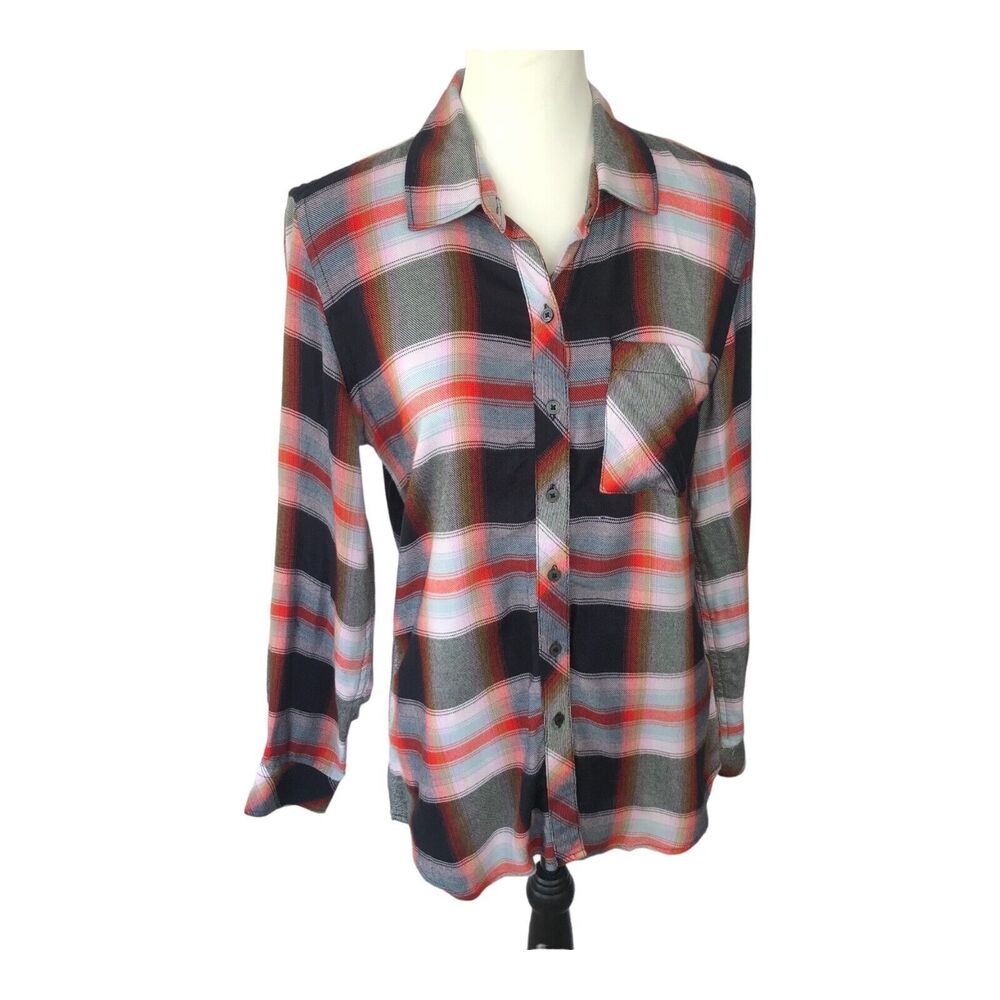 Gap Women's Drapey‎ Plaid Button Front Long Sleeve Red Black Soft Rayon Shirt S